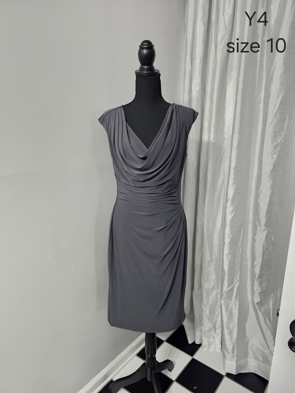 Ralph Lauren Gray Cowl Neck Ruched Midi Dress